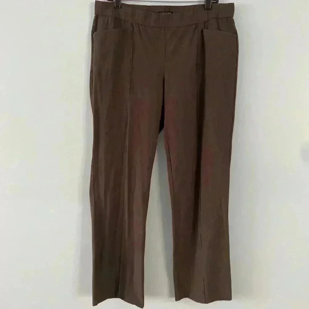 Eileen Fisher Stretch Crepe Pull On Taupe Brown Elastic Waist Pants Size Large L